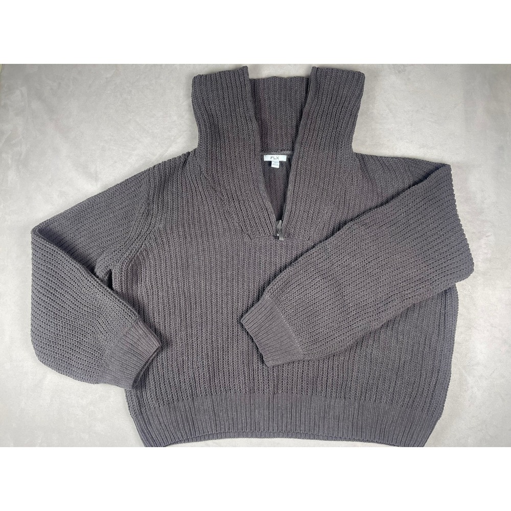 FLX Womens XXL Charcoal Grey‎ Chenille Half Zip Pullover Chunky Knit Sweater